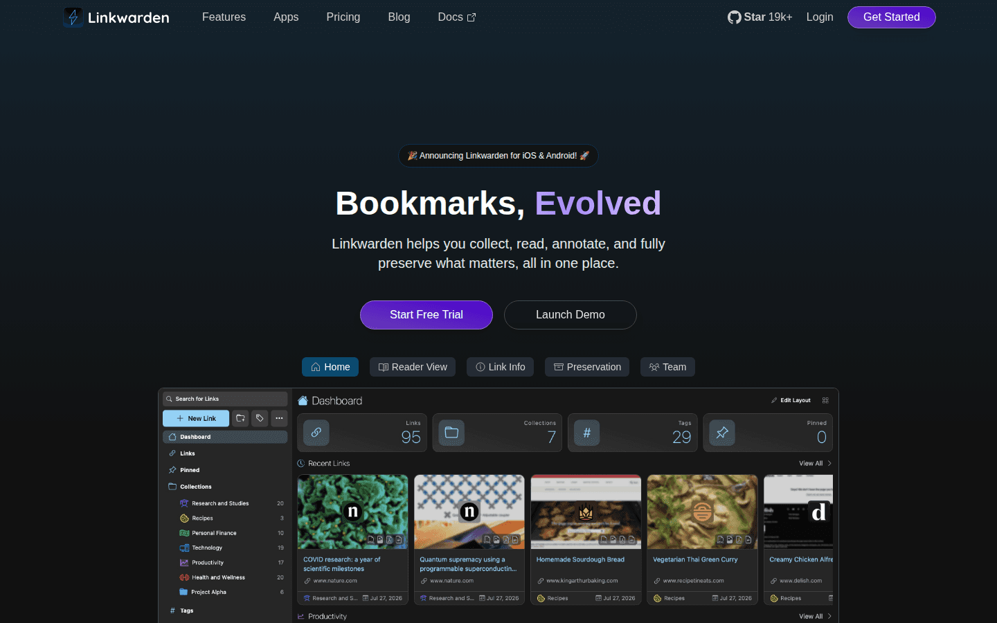 Linkwarden public website showing its bookmark and web archive dashboard