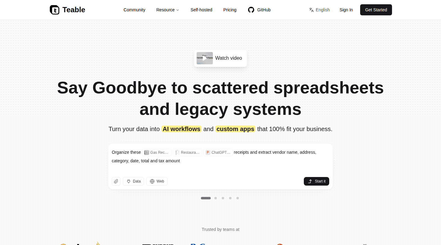 Teable public website presenting its spreadsheet-style database and app builder